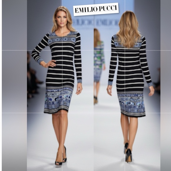 EMILIO PUCCI Made In Italy Silk Blend Geo Print Long Sleeve Black/Blue Dress 6 - Picture 1 of 14